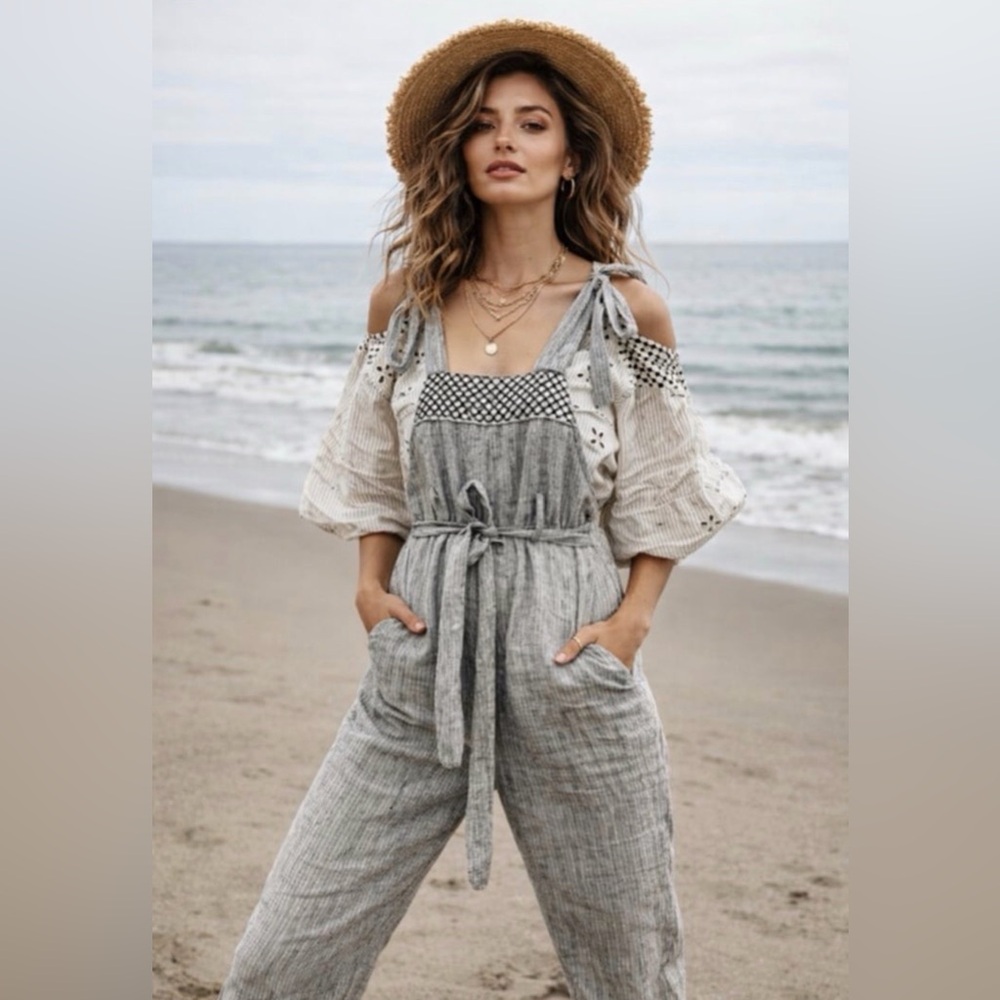 💗 Innika Choo Smocked Bib Linen Overalls Jumpsuit O/S Boho Coastal Cottagecore